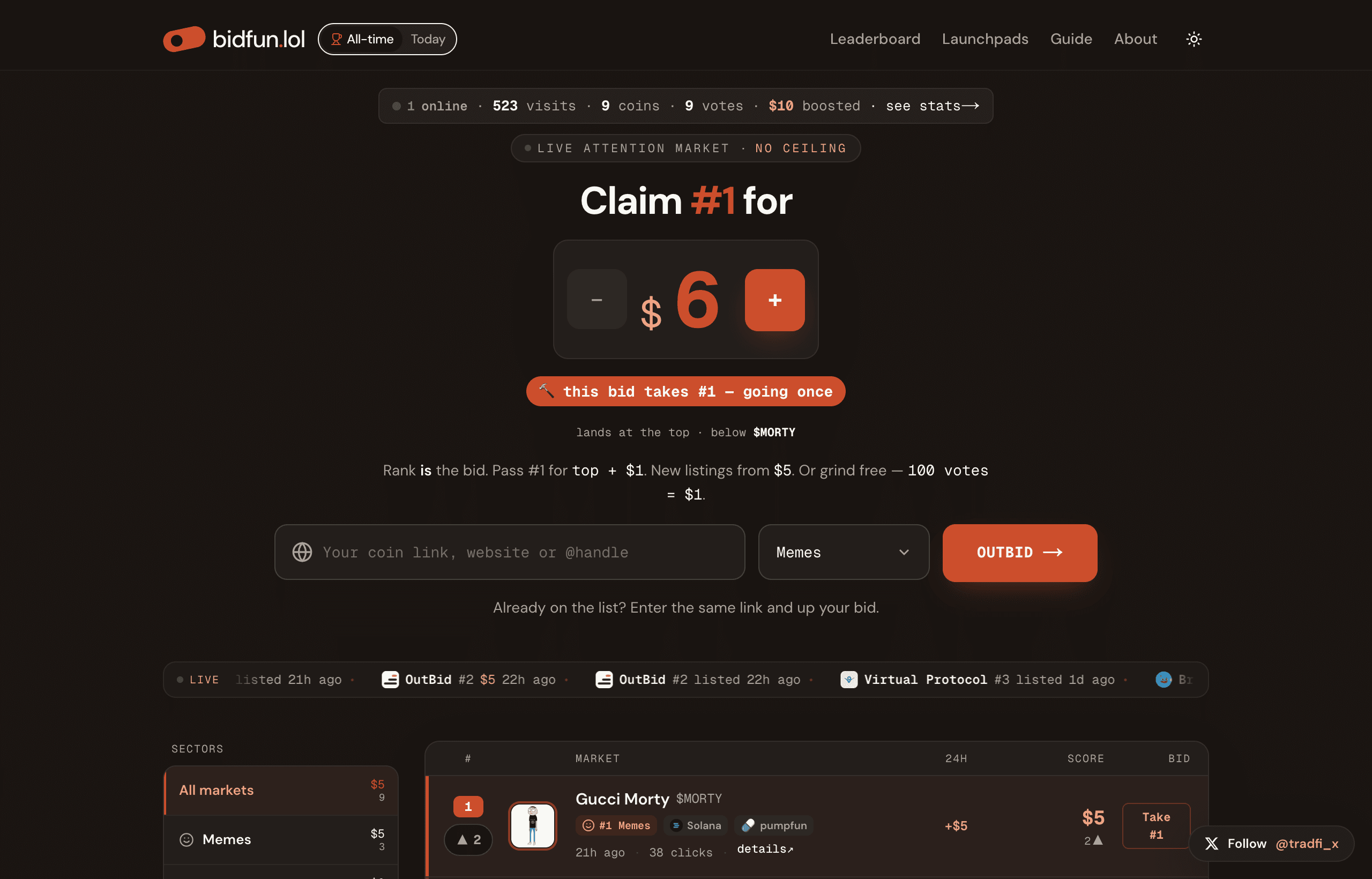 بعد الانتشار الفيروسي لـ Outbid.lol، «سوق انتباه» لعملات الميم يُدرِج التوكنات بإضافة كلمة bid إلى رابط pump.fun أو CoinMarketCap